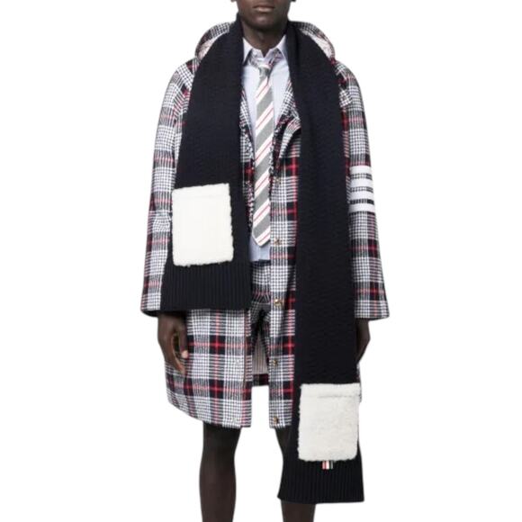 Thom Browne Shearling Trimmed Knit Wool Scarf Navy Blue Men 85" - Picture 2 of 9